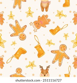 Seamless pattern featuring gingerbread cookies, stars, and bells on a dotted background. Perfect for holiday-themed designs and festive decorations.