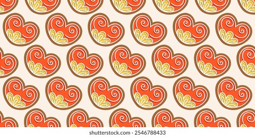 Seamless pattern featuring gingerbread heart cookies with red icing and decorative swirls. Perfect for festive wrapping paper, holiday decor, or seasonal backdrops. New Year, Noel, Xmas.