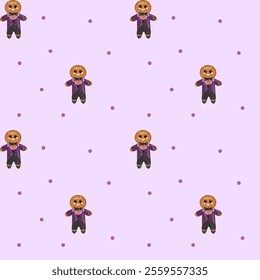 A seamless pattern featuring gingerbread men in purple tuxedos with black bow ties on a light purple background, decorated with dark purple dots. Festive and cute.