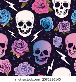 Seamless pattern featuring glowing skulls
