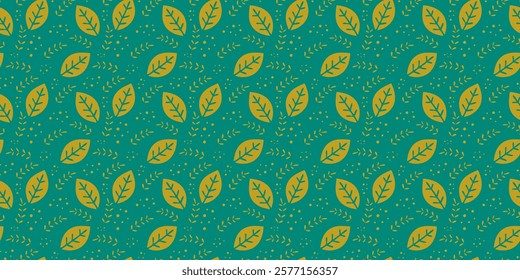 Seamless pattern featuring golden leaves and botanical elements on green background. Ideal for textiles, wallpapers, and decorative designs. Vector art