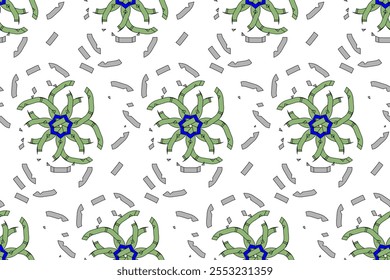 Seamless pattern featuring green and blue geometric shapes, creating a kaleidoscopic effect. Suitable for textiles, wallpapers, and digital backgrounds. Visually captivating design with intricate