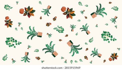 Seamless pattern featuring green ferns flowers and potted plants in earth tones suitable for holiday decoration and festive design projects
