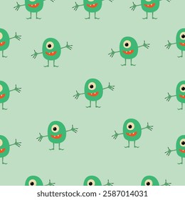 Seamless pattern featuring green one-eyed monsters with sharp teeth and open arms on a light green background. Playful and cheerful 