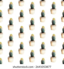 A seamless pattern featuring green potted cacti in earthy terracotta pots. Ideal for home decor, textiles, and stationery, offering a charming, natural aesthetic with vibrant appeal.