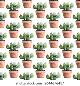 Um padrão sem costura apresentando cactos verdes em vasos de terracota terra. Ideal para decoração caseira, têxteis e artigos de papelaria, oferecendo uma estética encantadora e natural com apelo vibrante.