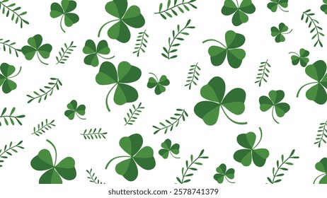 A seamless pattern featuring green shamrocks and clovers, perfect for St. Patrick’s Day, festive designs, and lucky-themed projects.