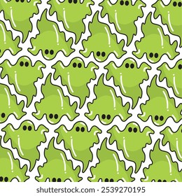 Seamless pattern featuring green slime ghosts in a playful cartoon style, Vector illustration