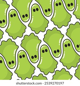 Seamless pattern featuring green slime ghosts in a playful cartoon style, Vector illustration