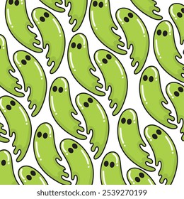 Seamless pattern featuring green slime ghosts in a playful cartoon style, Vector illustration