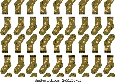 Seamless pattern featuring green socks with decorative botanical elements. Natural and earthy theme for autumn wear.
