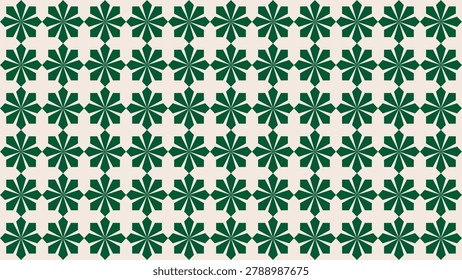 A seamless pattern featuring green star-shaped flowers arranged in a grid on a light background.