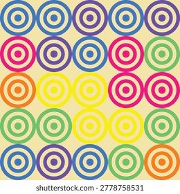 A seamless pattern featuring a grid of colorful concentric circles in various bright hues like blue, purple, pink, yellow, orange, and green on a light beige background.