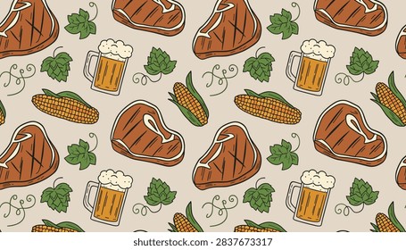 Seamless pattern featuring grilled steak, mugs of beer, and corn on a light beige background, perfect for a pub or restaurant theme.