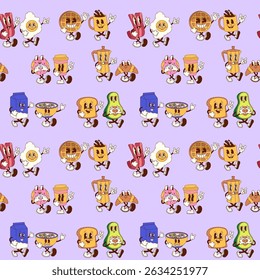 Seamless pattern featuring groovy retro cartoon breakfast characters in fun food duos