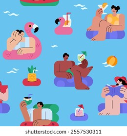 Seamless pattern featuring a group of people on floaties, relaxing in the pool or at the beach, with drinks and other objects floating in the water.