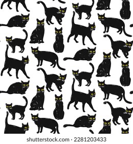 Seamless pattern featuring a Halloween black cat with yellow eyes. A flat cartoon cat in retro style is sitting, standing. An angry, dissatisfied, frowning animal. Color vector illustration