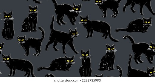 Seamless pattern featuring a Halloween black cat with yellow eyes. A flat cartoon cat in retro style is sitting, standing. An angry, dissatisfied, frowning animal. Black cats on blue. Print