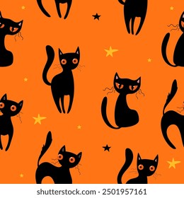 Seamless pattern featuring a Halloween black cat with yellow eyes. A flat cartoon cat is sitting, standing. An angry, dissatisfied, frowning animal. Color vector illustration on a white background