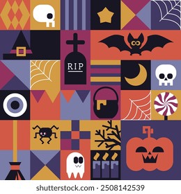 A seamless pattern featuring Halloween themed icons like skulls, bats, and pumpkins. Created in a flat, vector style. Ideal for festive designs, invitations, or decorations.