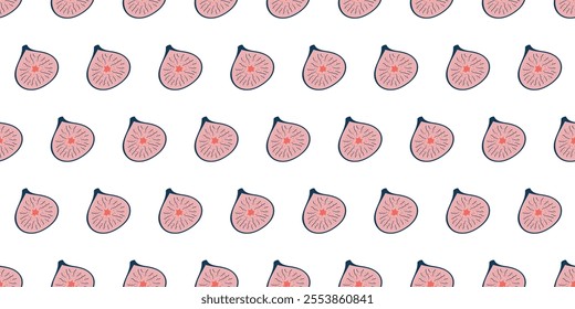 Seamless pattern featuring halved figs with pink interiors and dark outlines, evenly spaced on a white background.