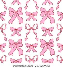 Seamless pattern featuring hand drawn whimsical pink ribbon bows with red outlines. Romantic coquette style. Vector repeating background