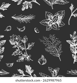 Seamless pattern featuring hand drawn herbs, garlic cloves and botanical elements in retro sketch style on black chalkboard background. Ideal for culinary packaging, kitchen textiles.