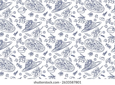 Seamless pattern featuring hand drawn illustrations of Italian food elements including pizza, pasta, tomatoes, mushrooms and olives in blue and white color scheme. Perfect for culinary themed projects