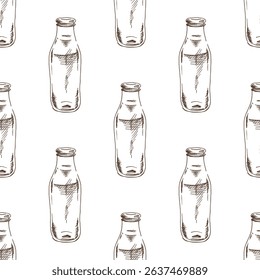 Seamless pattern featuring hand drawn vintage-style milk bottles in brown ink. Engraving sketch ideal for dairy branding, packaging, backgrounds, and nostalgic food-related projects.