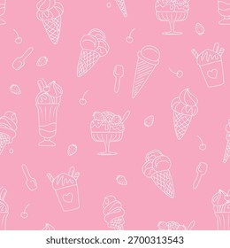 Seamless pattern featuring hand drawn ice cream cones, sundaes, and desserts with line art style on a pink background, ideal for playful summer designs vector illustration