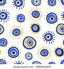 Seamless pattern featuring hand drawn evil eye symbols in blue and gold on a white background.