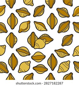 Seamless Pattern Featuring Hand Drawn Golden Conchiglie Pasta Shapes