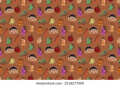 A seamless pattern featuring hand-drawn autumn fruits and vegetables, including pumpkins, pears, carrots, apples, and squash on a warm brown background, perfect for seasonal decor and products.