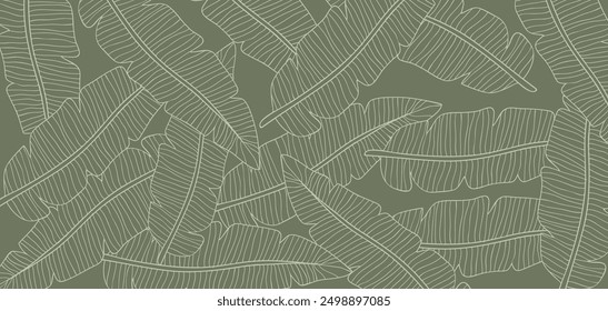 A seamless pattern featuring hand-drawn banana leaves on a green background, perfect for textiles, wallpapers, and design projects.