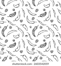 A seamless pattern featuring hand-drawn black and white chili peppers in various shapes and sizes. Ideal for textile designs, food packaging, restaurant menus, and spice-themed branding.