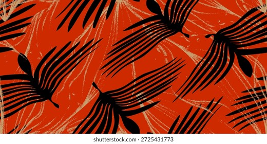 Patrón sin fisuras con siluetas de hojas negras dibujadas a mano con acentos grunge dorados. Ilustración vectorial