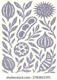 Seamless pattern featuring hand-drawn botanical elements, vegetables, and floral motifs in a minimalist dot-work style, perfect for textile design.