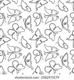 seamless pattern featuring hand-drawn butterfly outlines with elegant contour lines. The design captures the delicate and whimsical nature of butterflies, perfect for fabric, wallpapers, stationery.