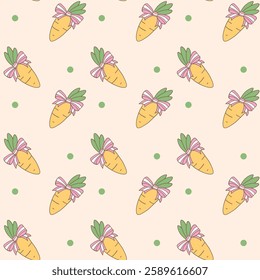 Seamless pattern featuring hand-drawn carrots tied with pink ribbon bows on a soft pastel background, ideal for fabric, wallpaper, and Easter designs-Vector illustration