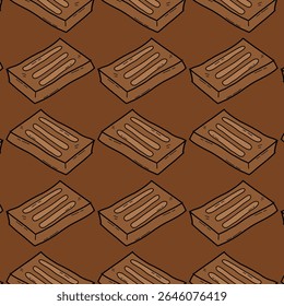 A seamless pattern featuring hand-drawn chocolate bars in a cartoon style, set against a solid brown background. Suitable for dessert-themed packaging, branding, or food-related digital designs.