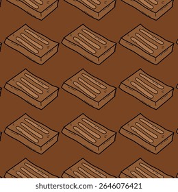 A seamless pattern featuring hand-drawn chocolate bars in a cartoon style, set against a solid brown background. Suitable for dessert-themed packaging, branding, or food-related digital designs.