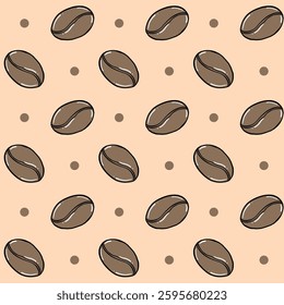 A seamless pattern featuring hand-drawn coffee beans on a beige background, interspersed with small brown dots, Vector Illustration