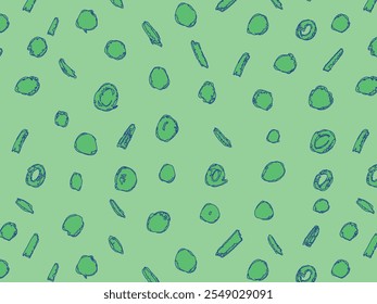 Seamless pattern featuring hand-drawn cucumber slices. Circular and sliced shapes in blue outlines on green background. Food, vegetables, healthy eating concept. Flat vector illustration.