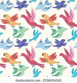Seamless pattern featuring handdrawn cute colorful birds