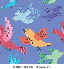 Seamless pattern featuring handdrawn cute colorful birds