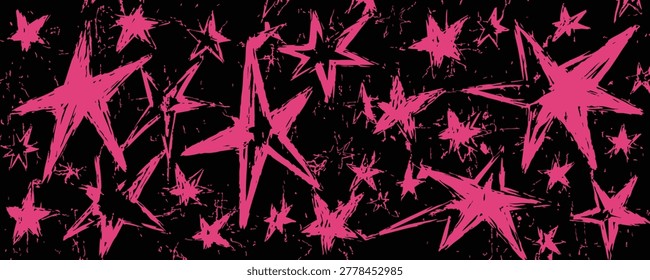 A seamless pattern featuring hand-drawn, distressed pink stars scattered across a solid black background, perfect for punk, rock, or retro-themed designs.