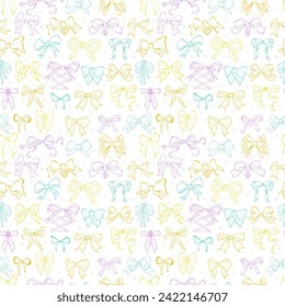 Seamless pattern featuring hand-drawn doodle bow ties in various styles and shapes in bright colors on white. Suiitable for stylish and elegant textile or paper designs