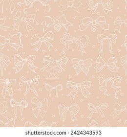 Seamless pattern featuring hand-drawn doodle bow ties in various styles and shapes in peach color. Suiitable for stylish and elegant textile or paper designs.