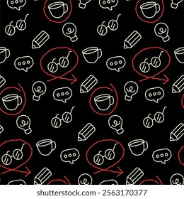 A seamless pattern featuring hand-drawn doodles: coffee mugs, glasses, pencils, lightbulbs, and speech bubbles. Some elements are circled in red with connecting arrows, on a dark background.