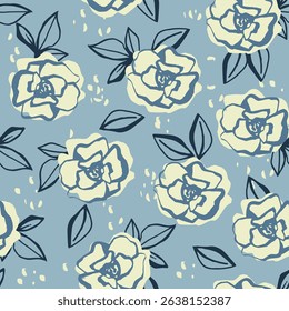 Seamless pattern featuring a hand-drawn floral design with blooming roses and leaves. This elegant flower pattern is perfect for textiles, wallpapers, packaging, and surface decoration,decor,wall art